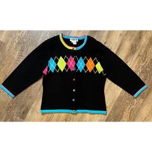 Womens Vintage Jack B Quick Argyle Black Pink Green Blue Cardigan Sweater, Med